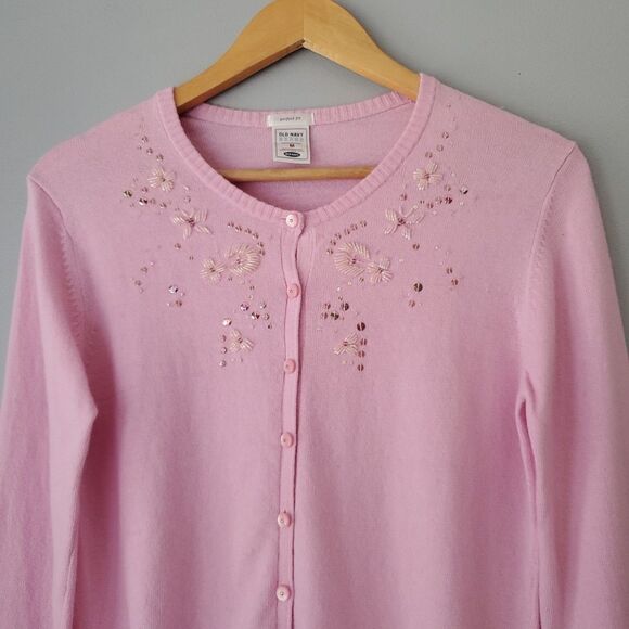 Old Navy Pink Floral Sequin Long Sleeve Button Up Cardigan Sweater Womens Medium - Picture 2 of 8